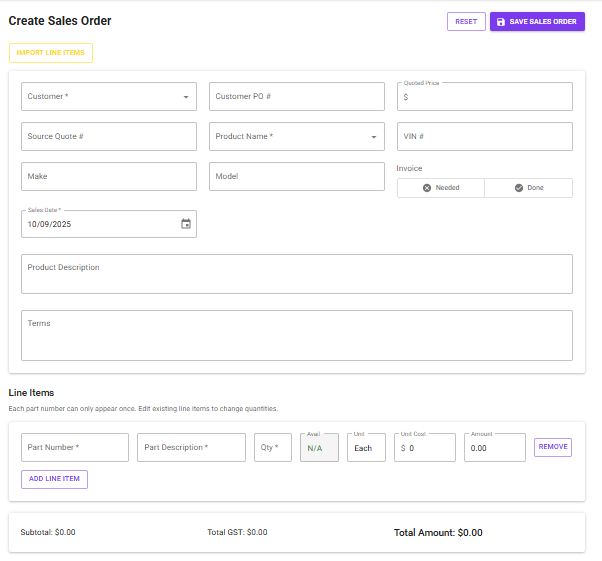 Sales Orders screen